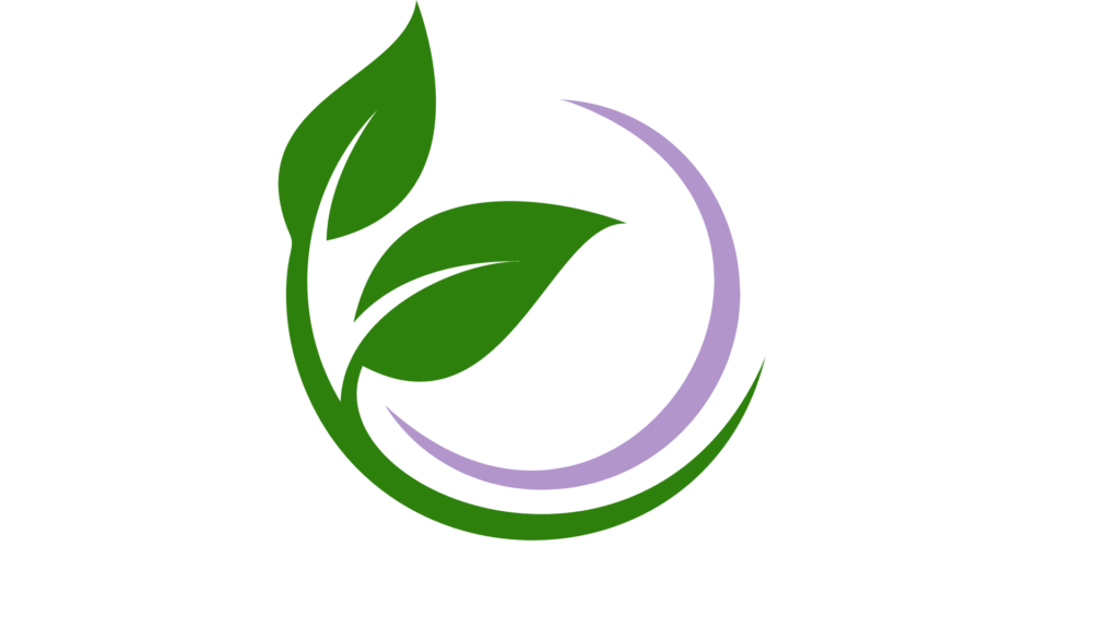 two dark green leaves and lavender swish in circular form graphic