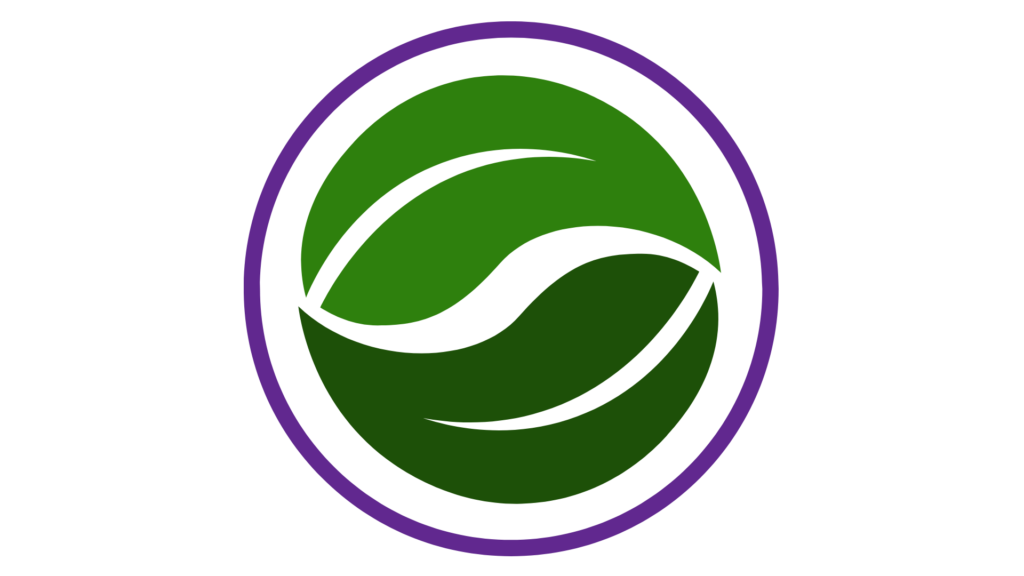 Two green leaves in a purple circle