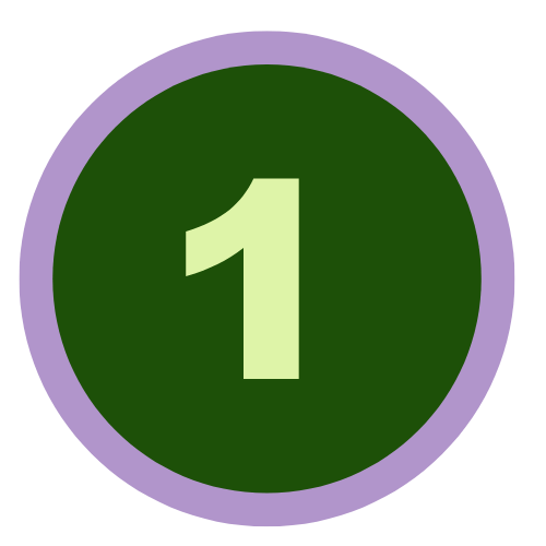 number one in light green on a dark green background surrounded by a lavender circle 