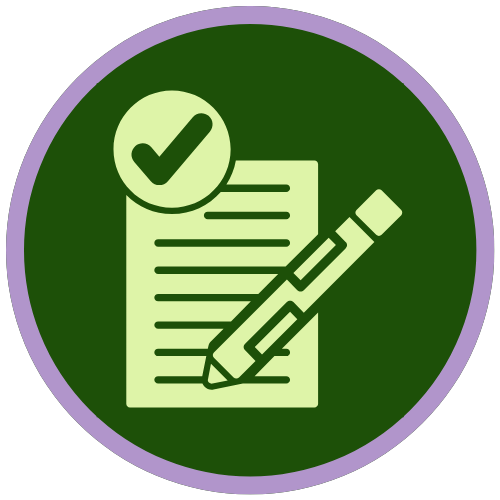 Branded worksheet icon with pen and checkmark