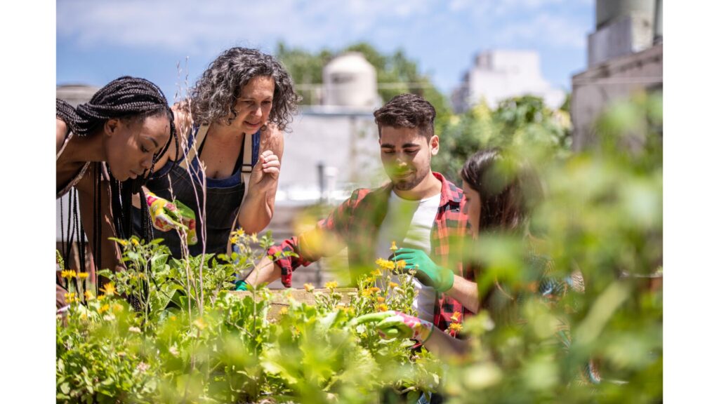 group of people gardening together