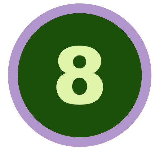 light green number eight is a dark green circle with a lavender outline