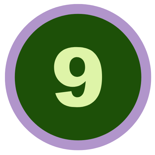 light green number nine is a dark green circle with a lavender outline