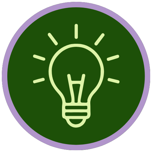 dark green circle with lavender edge and a light green light bulb