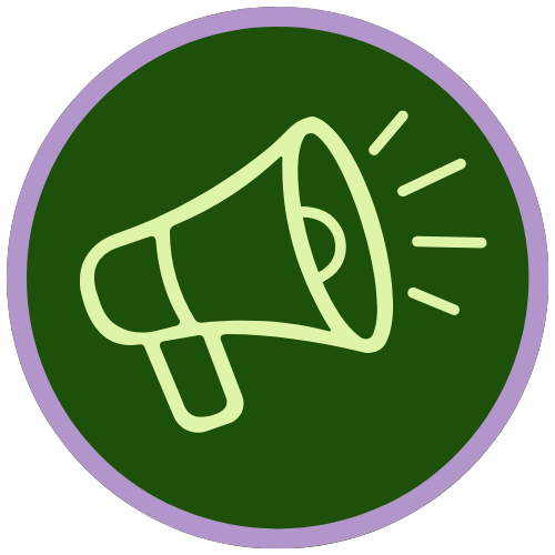 dark green circle with lavender edge and a light green megaphone